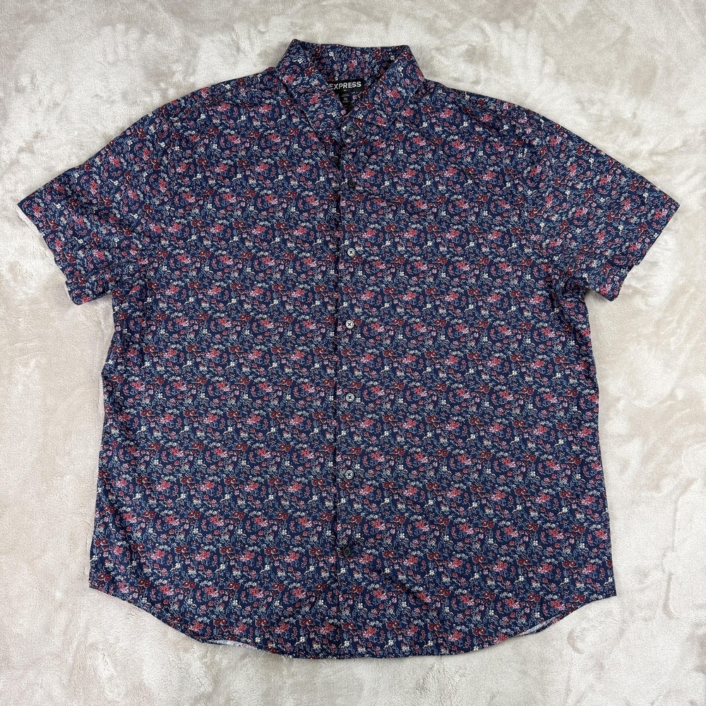 Express Shirt Mens 2XL Blue Floral Short Sleeve Button Up Cotton Casual Summer